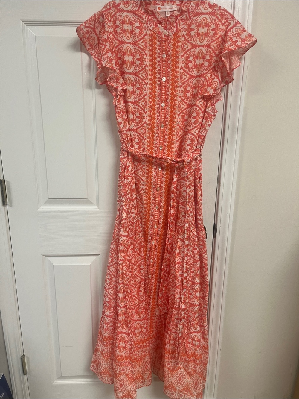 Orange and Pink Jude Connolly Button-Front Maxi Dress with Ruffle Sleeves